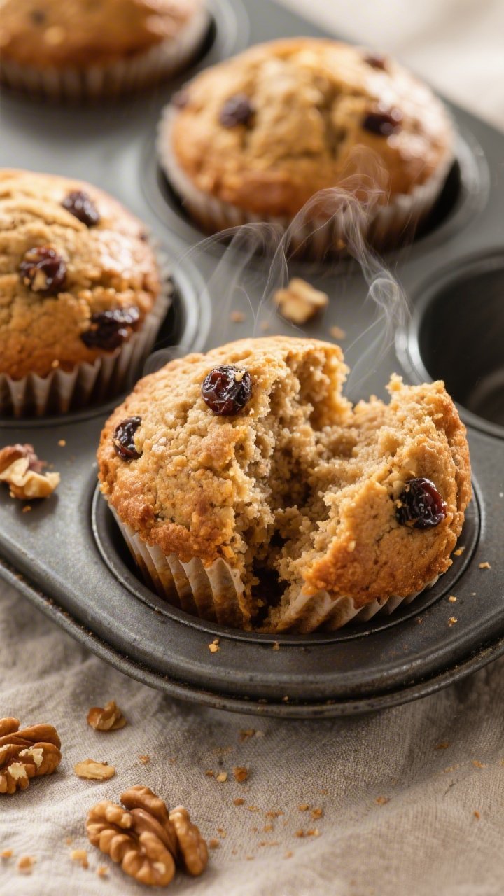 Close-up detail of freshly baked Applesauce Raisin Bran Muffins just out of the tin, golden-brown do