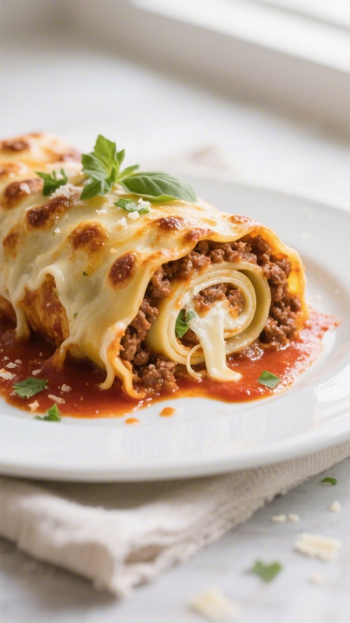 Close-up detail shot: A freshly baked lasagna roll-up sliced open to reveal spirals of creamy ricott