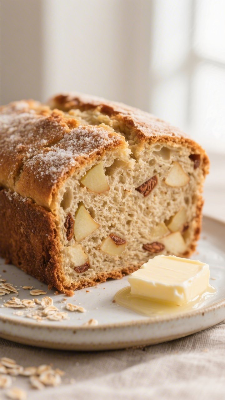 Close-up detail shot: A freshly baked slice of Oat Flour Apple Cinnamon Bread on a small ceramic pla