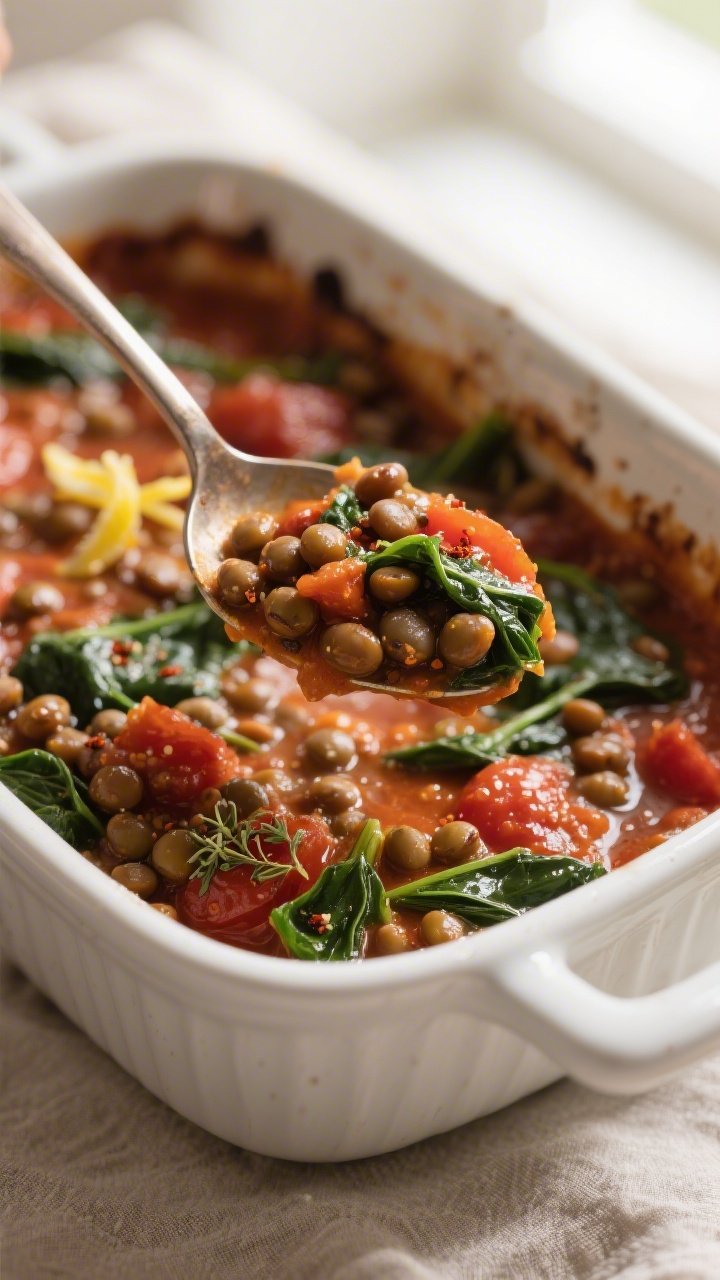 Close-up detail shot: A spoon scooping the baked lentil and spinach tomato stew from a casserole, sh