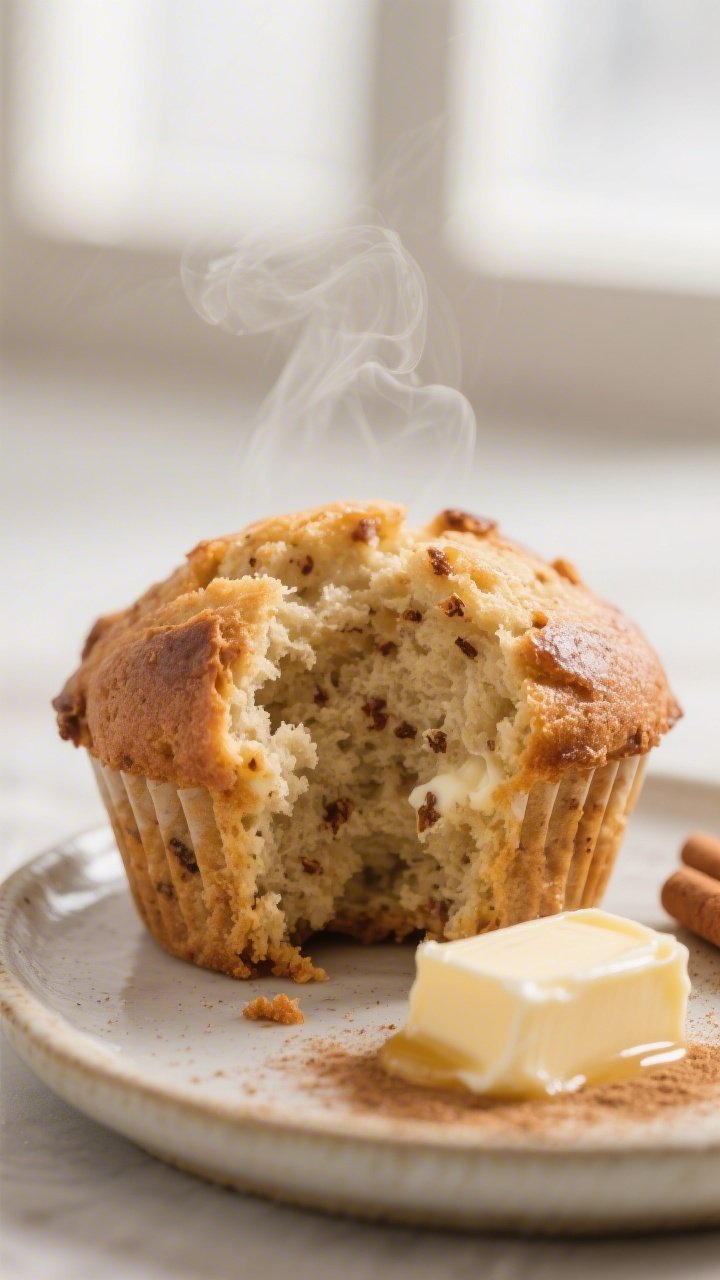 Close-up detail shot: freshly baked sourdough discard honey-cinnamon Greek yogurt muffin torn open t