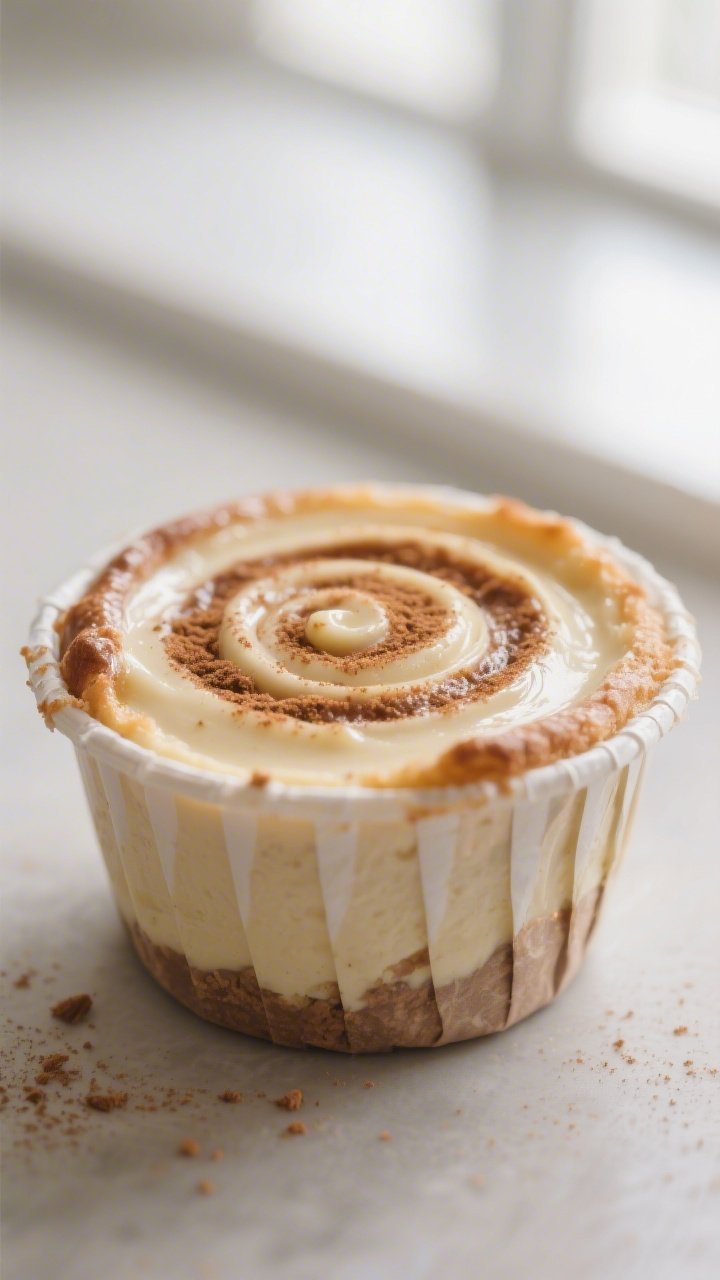 Close-up detail shot of a freshly baked Cinnamon Roll Keto Cheesecake Cup still in its paper liner,