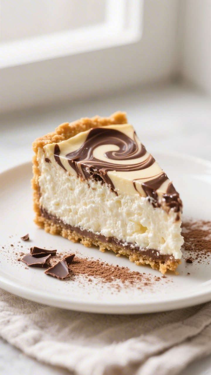 Close-up detail shot of a just-sliced Cottage Cheese Chocolate Swirl Cheesecake Cake, showcasing the