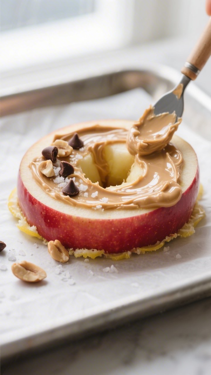 Close-up detail shot of a prepared apple ring being spread with a thin, even layer of creamy peanut 