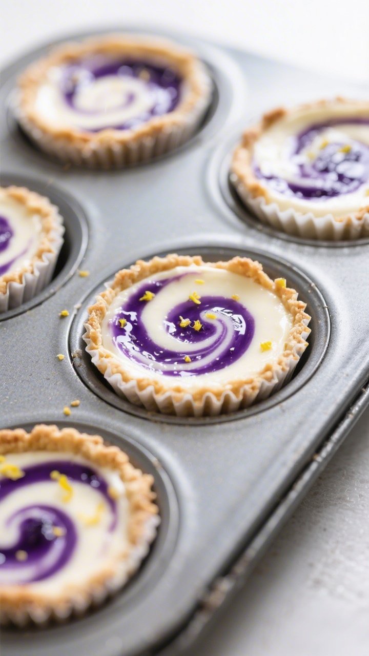 Close-up detail shot of freshly baked blueberry-swirl keto cheesecake cups still in the muffin tin,