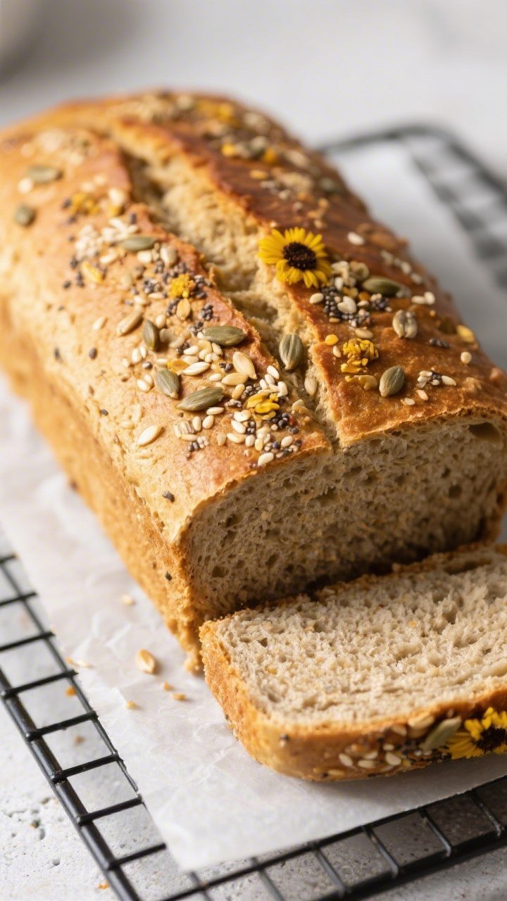 Close-up detail shot of freshly baked sunflower seed flour keto bread loaf just out of the pan, the 