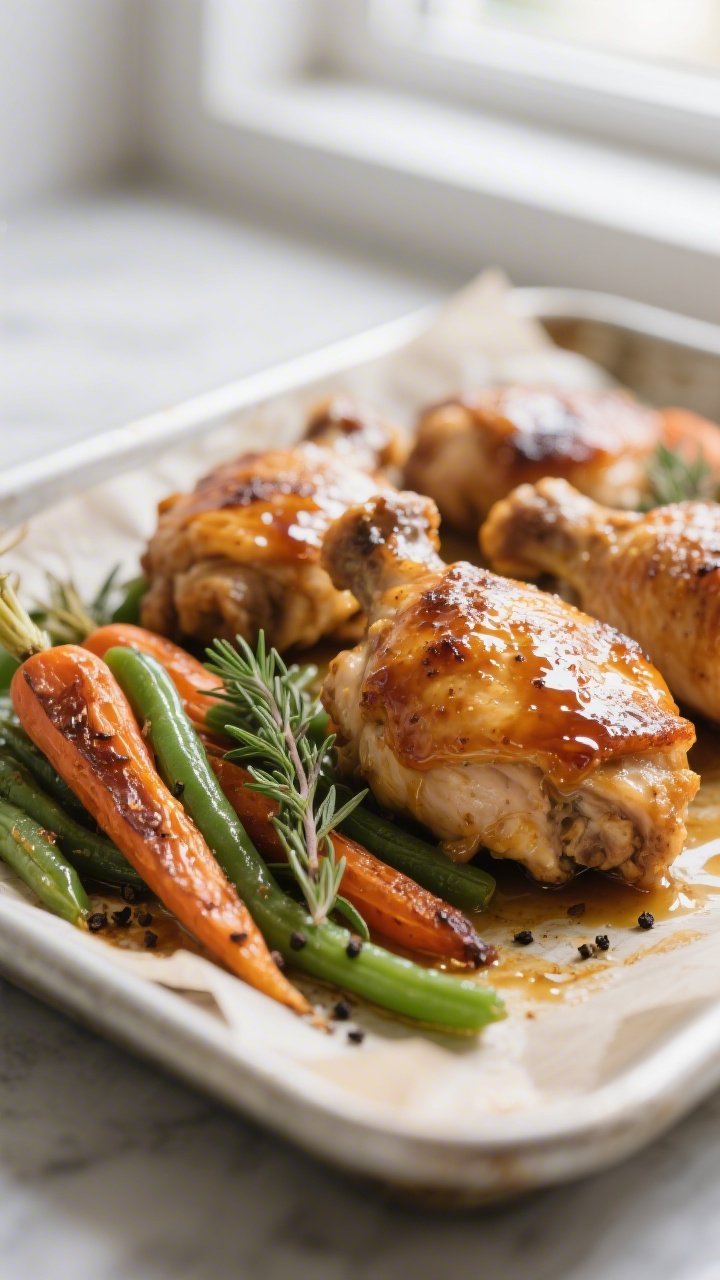 Close-up detail shot of roasted honey mustard chicken thighs on a sheet pan, glaze visibly carameliz