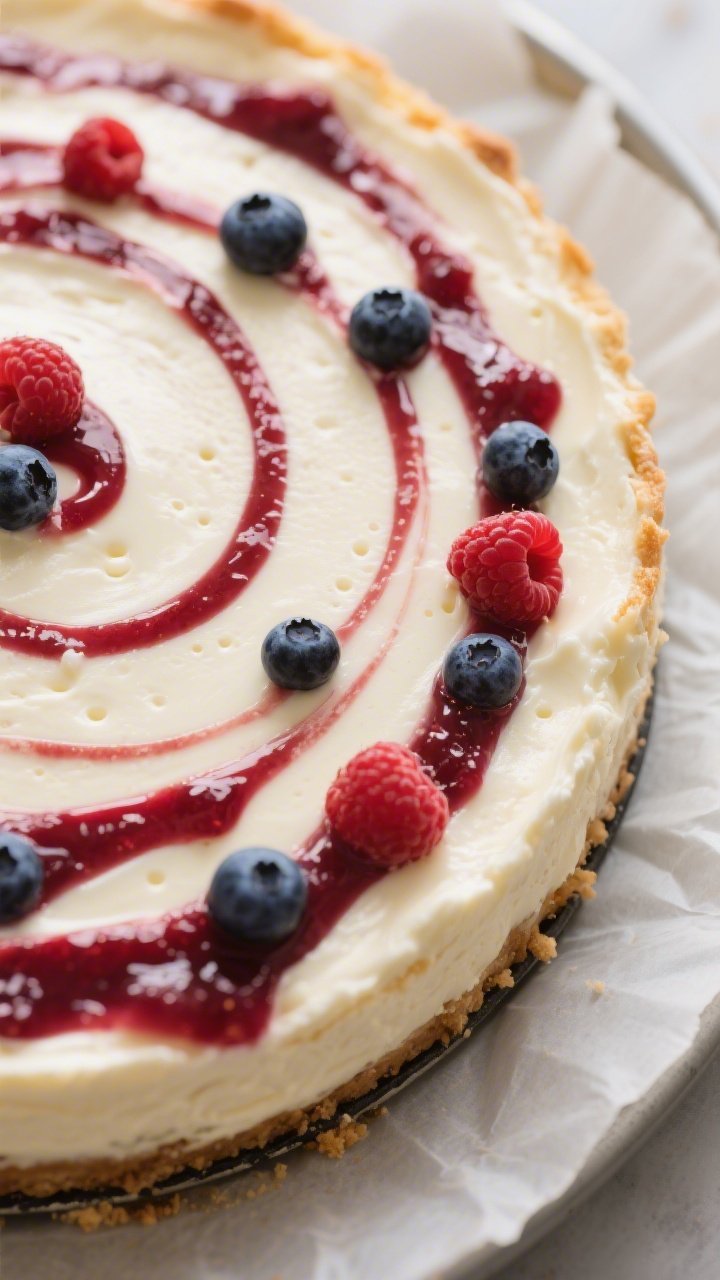 Close-up detail shot of the baked cheesecake layer just after swirling: gleaming berry puree ribbons