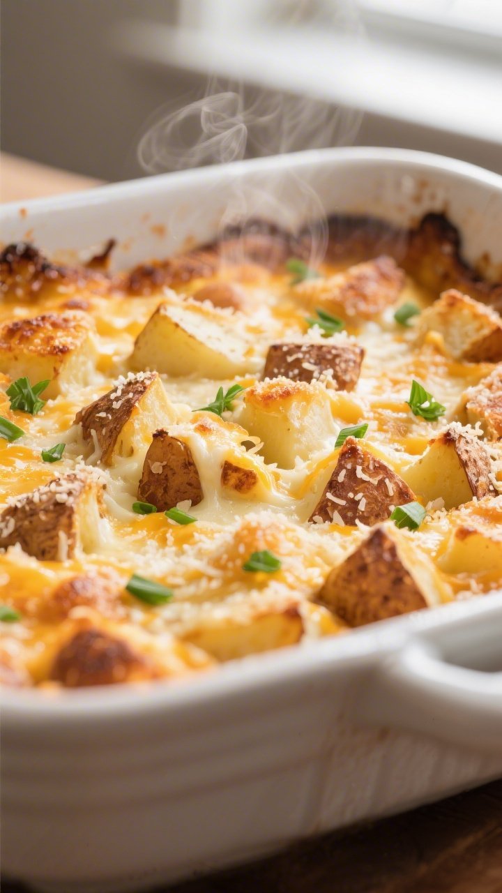 Close-up detail shot of the crispy, golden-brown top of the Cheesy Parmesan Potato Breakfast Bake ju