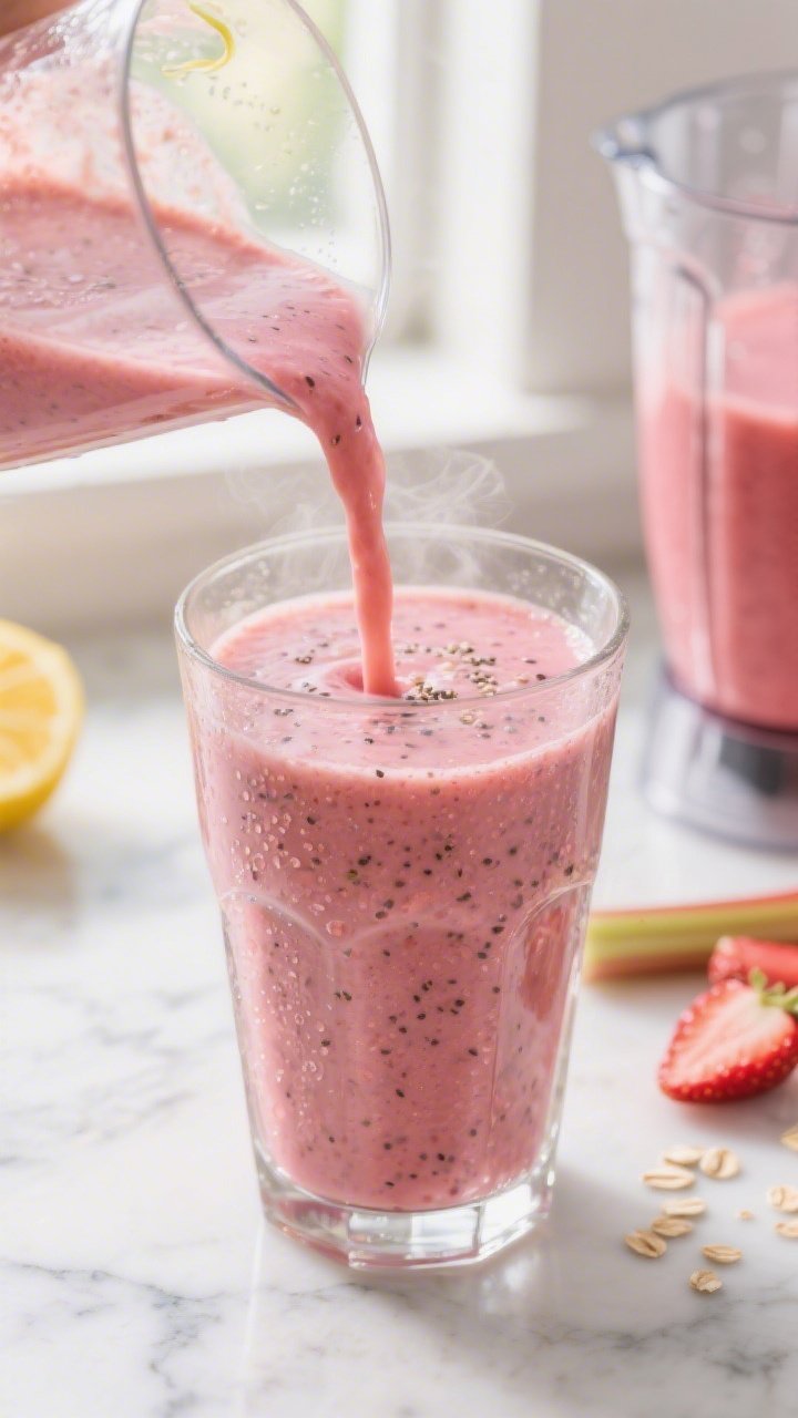Close-up detail: Silky strawberry rhubarb detox smoothie mid-pour into a chilled clear glass, showin