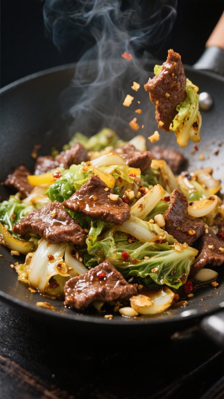 Close-up detail: Sizzling chili garlic beef and cabbage in a wok mid-toss, showing browned, tender b