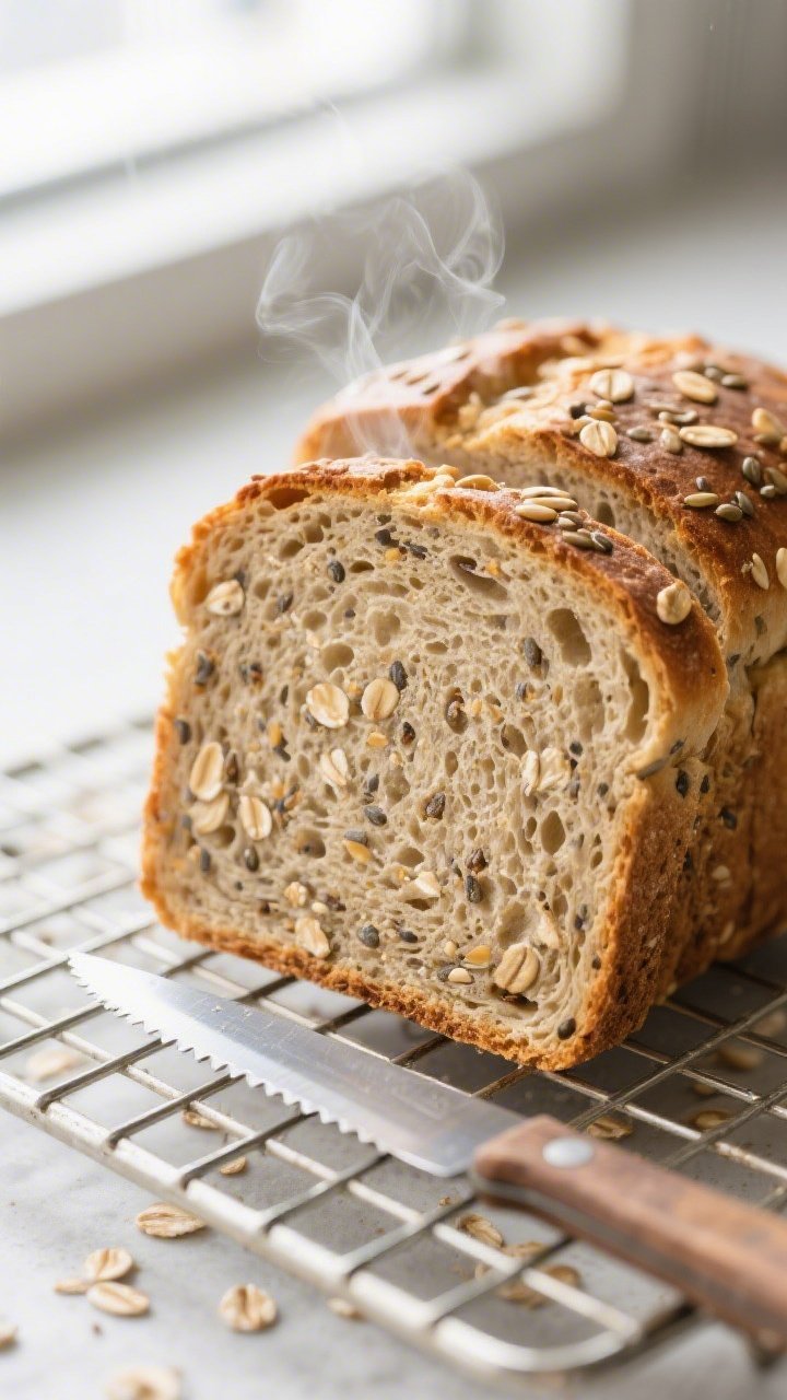 Close-up detail: Sliced flaxseed meal high-fiber bread showing a tender, moist crumb studded with ti
