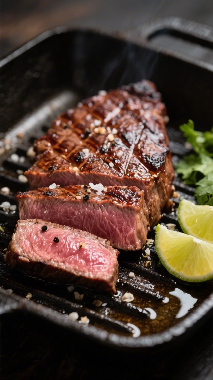 Close-up detail: Sliced medium-rare flank steak just off the grill, deep mahogany crust with clear c