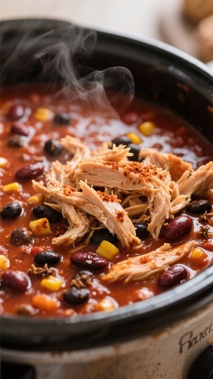 Close-up detail: Slow Cooker Honey BBQ Chicken Chili just after shredding the chicken and stirring i