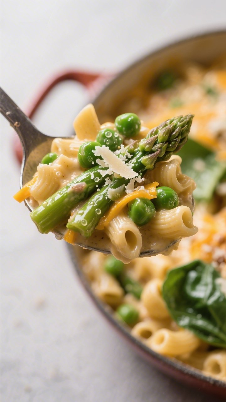 Close-up detail – Ultra close-up of a spoonful of Spring Veggie Mac & Cheese lifted from the pot: