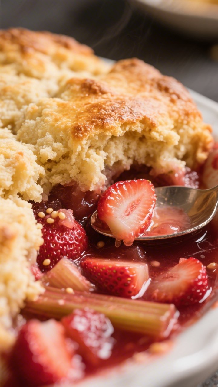 Close-up detail: Ultra-tight macro of the cobbler’s baked topping where a spoon has just broken th