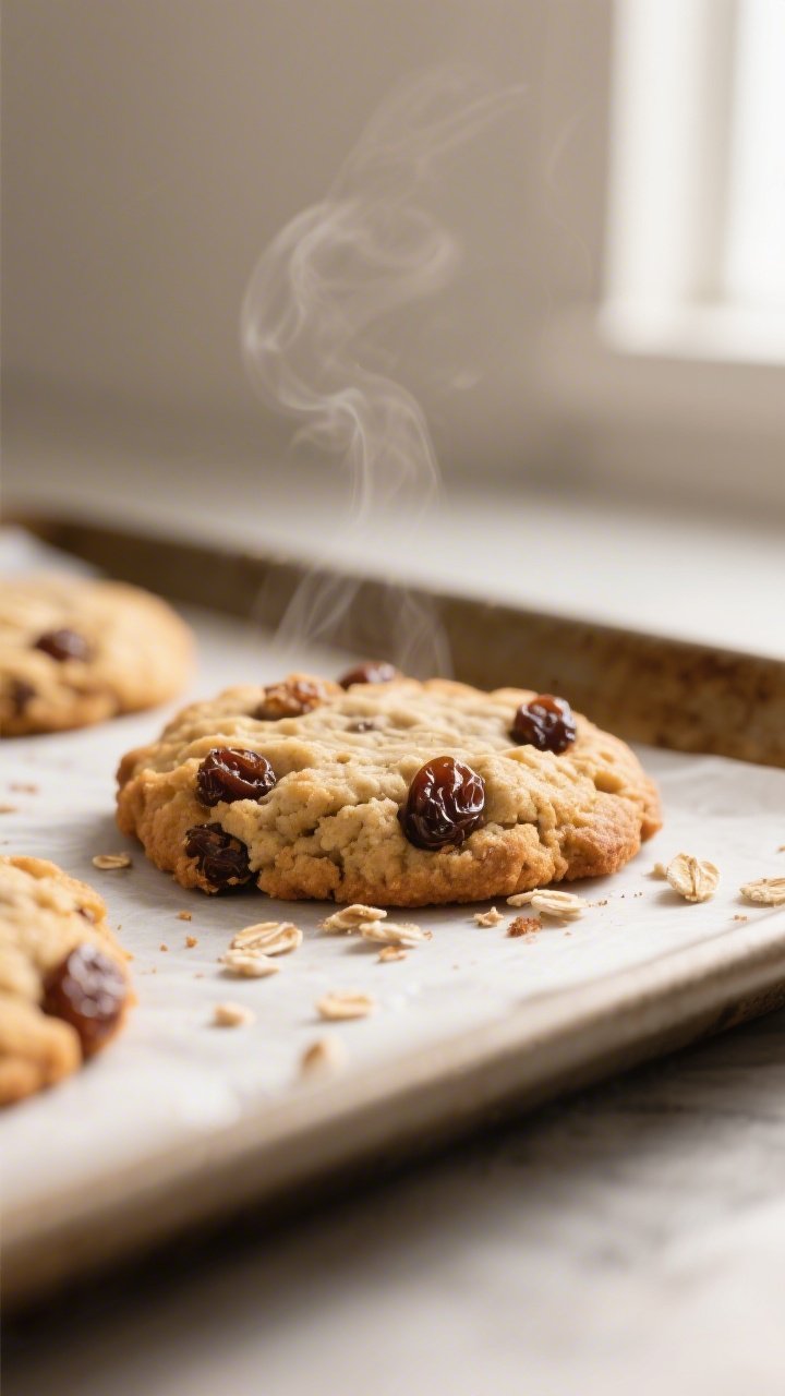 Close-up detail: Warm oatmeal banana breakfast cookie just out of the oven, lightly golden edges and