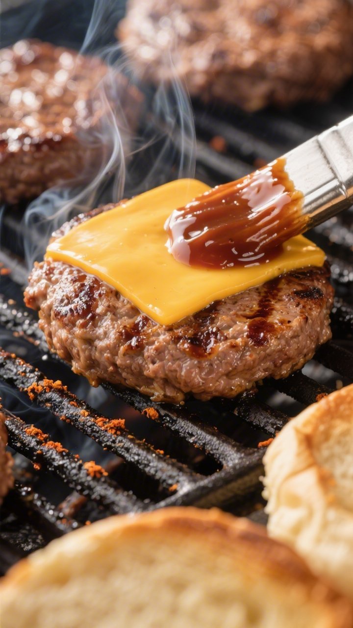 Close-up grilling action: Juicy BBQ turkey burgers searing on a grill over medium heat, patties 3/4-