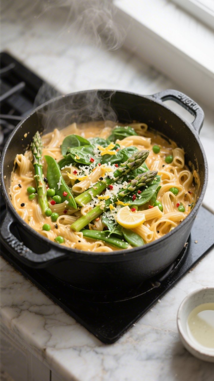 Cooking process – A wide, overhead shot of a Dutch oven on the stovetop showing glossy macaroni, b