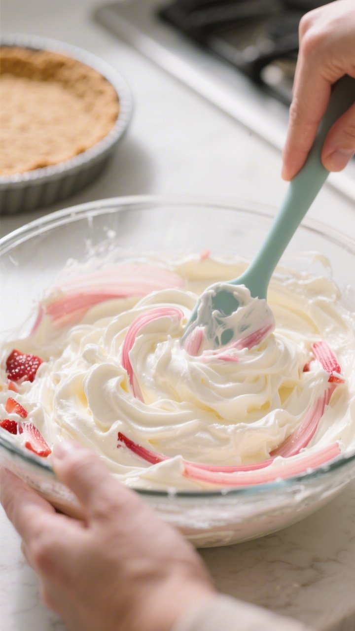 Cooking process: Action-focused composition of the creamy filling being folded together in a large g