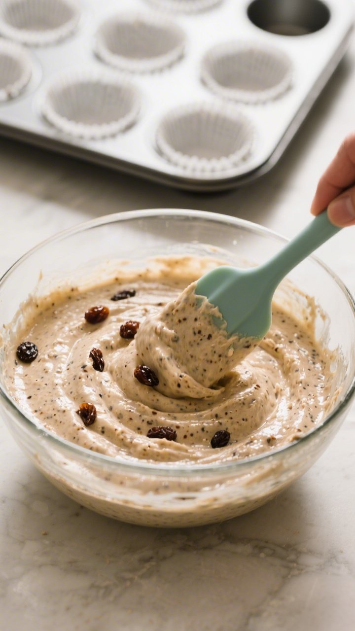 Cooking process action shot: thick, speckled batter being gently folded in a glass mixing bowl with 