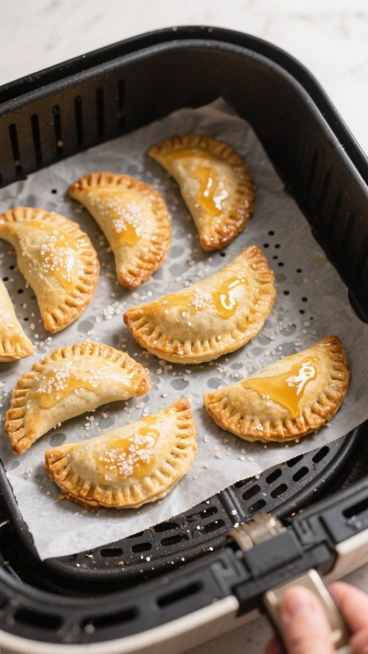 Cooking process: Air fryer basket lined with perforated parchment holding a spaced batch of assemble