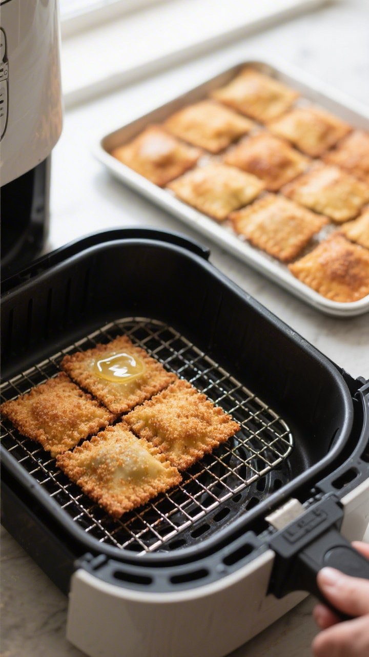 Cooking process: Air fryer basket scene with a single layer of breaded ravioli mid-cook at 380°F, f