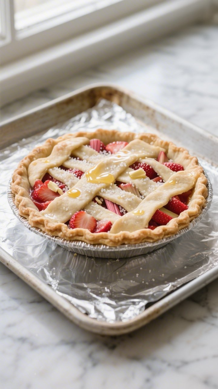 Cooking process — Assembled strawberry rhubarb pie just before baking: chilled double-crust pie in