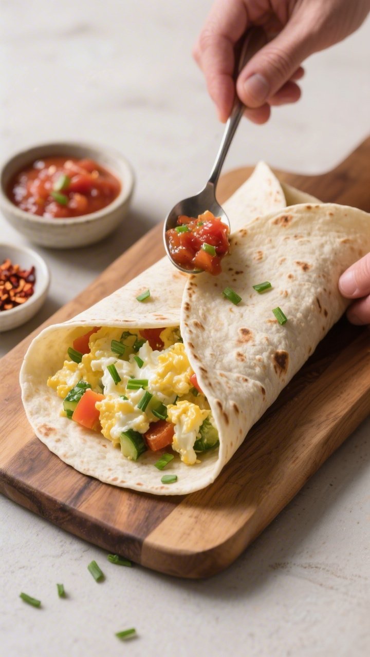 Cooking process: Assembling a warm tortilla wrap on a wooden board—lower third filled with the cre