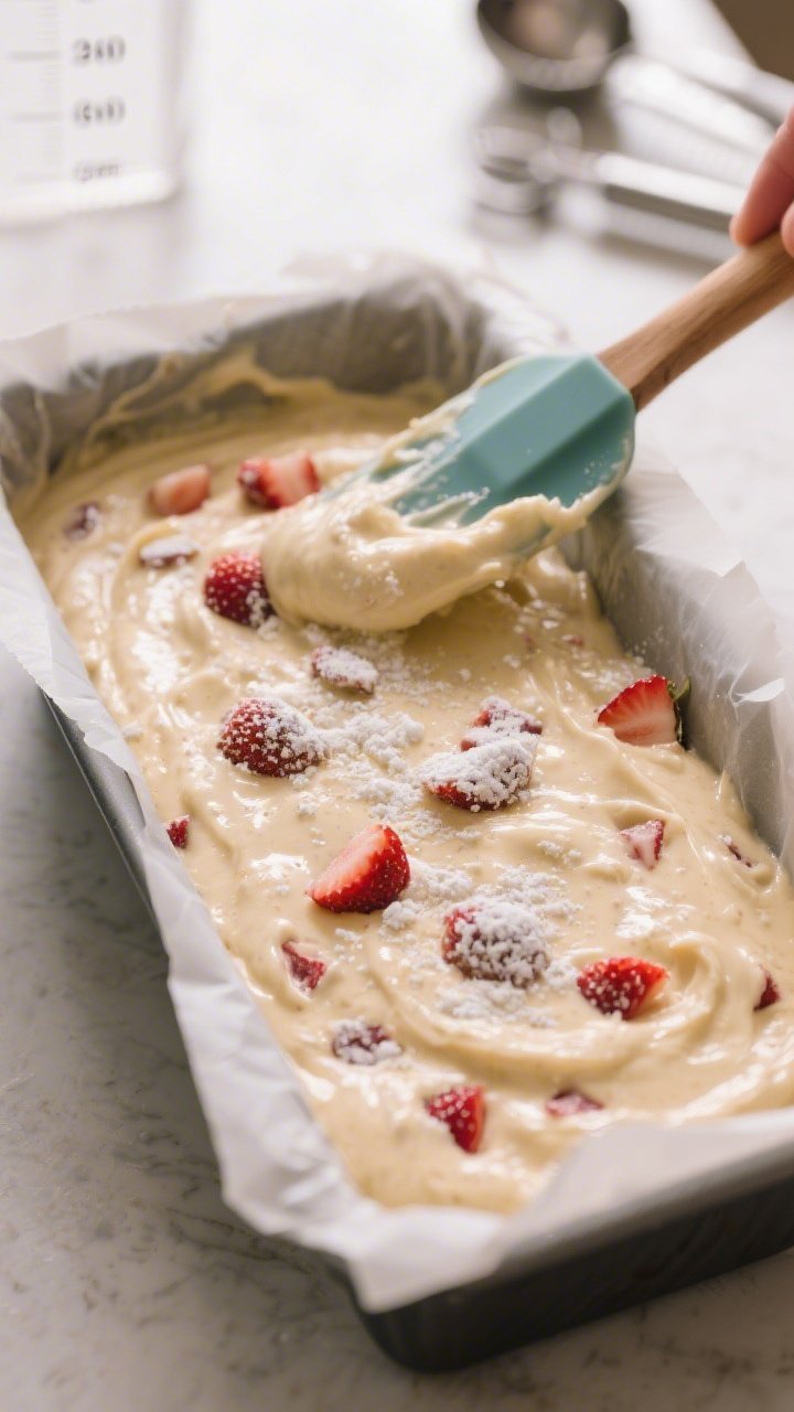 Cooking process: Batter being smoothed into a parchment-lined 9x5-inch loaf pan with a spatula, show