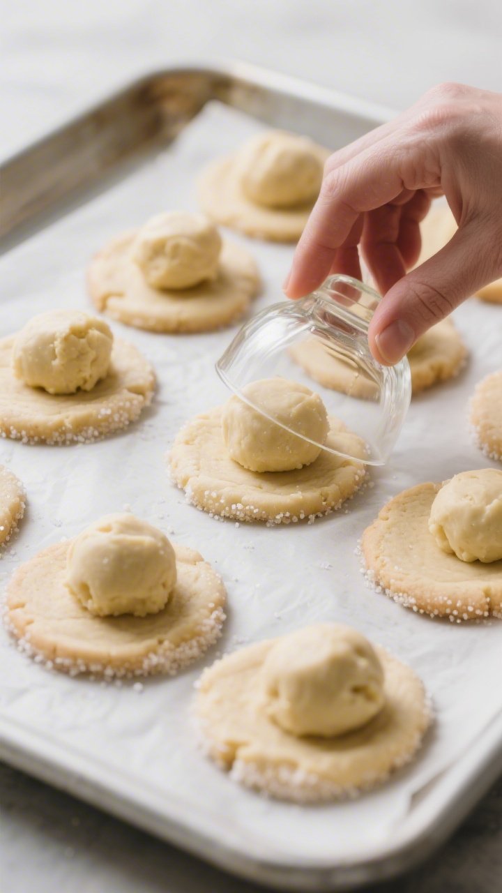Cooking process: Chilled, portioned butter cookie dough balls on a parchment-lined baking sheet bein