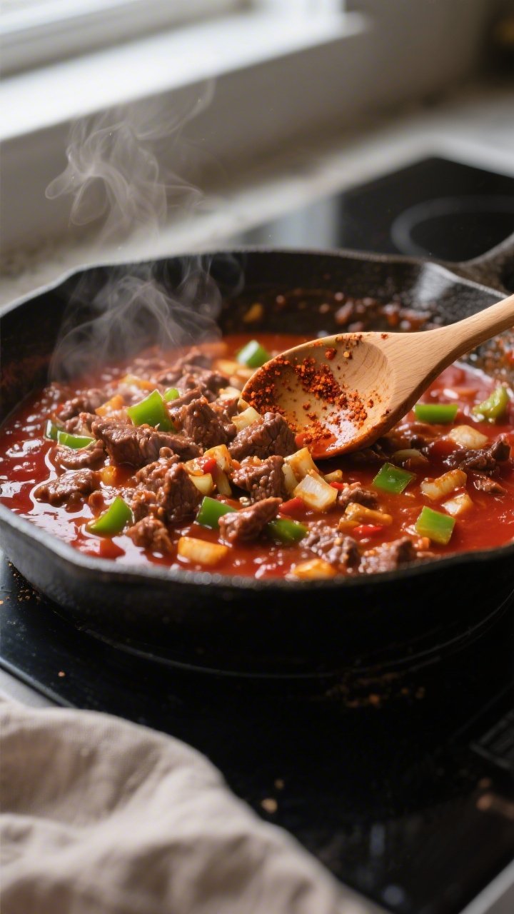 Cooking process close-up: A deep, saucy skillet of sloppy joe filling simmering and thickening on th