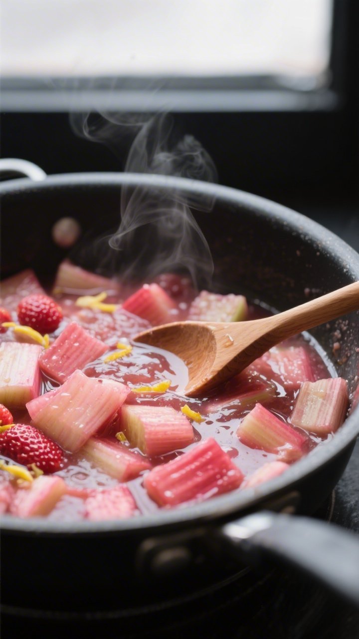 Cooking process close-up: A saucepan of simmered rhubarb compote that’s fully cooked and glossy, w