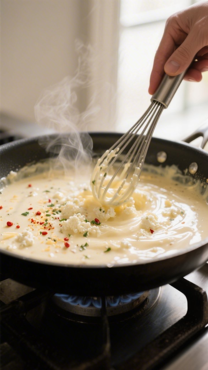 Cooking process close-up: Alfredo-cottage cheese sauce being whisked in a stainless skillet on the s