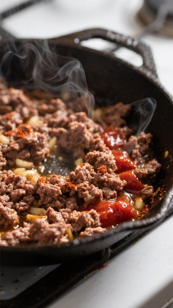Cooking process close-up: Crumbled lean ground beef sizzling in a cast-iron skillet, browned edges w