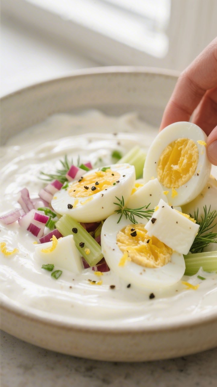 Cooking process, close-up detail: Close-up of freshly diced hard-boiled eggs being gently folded int