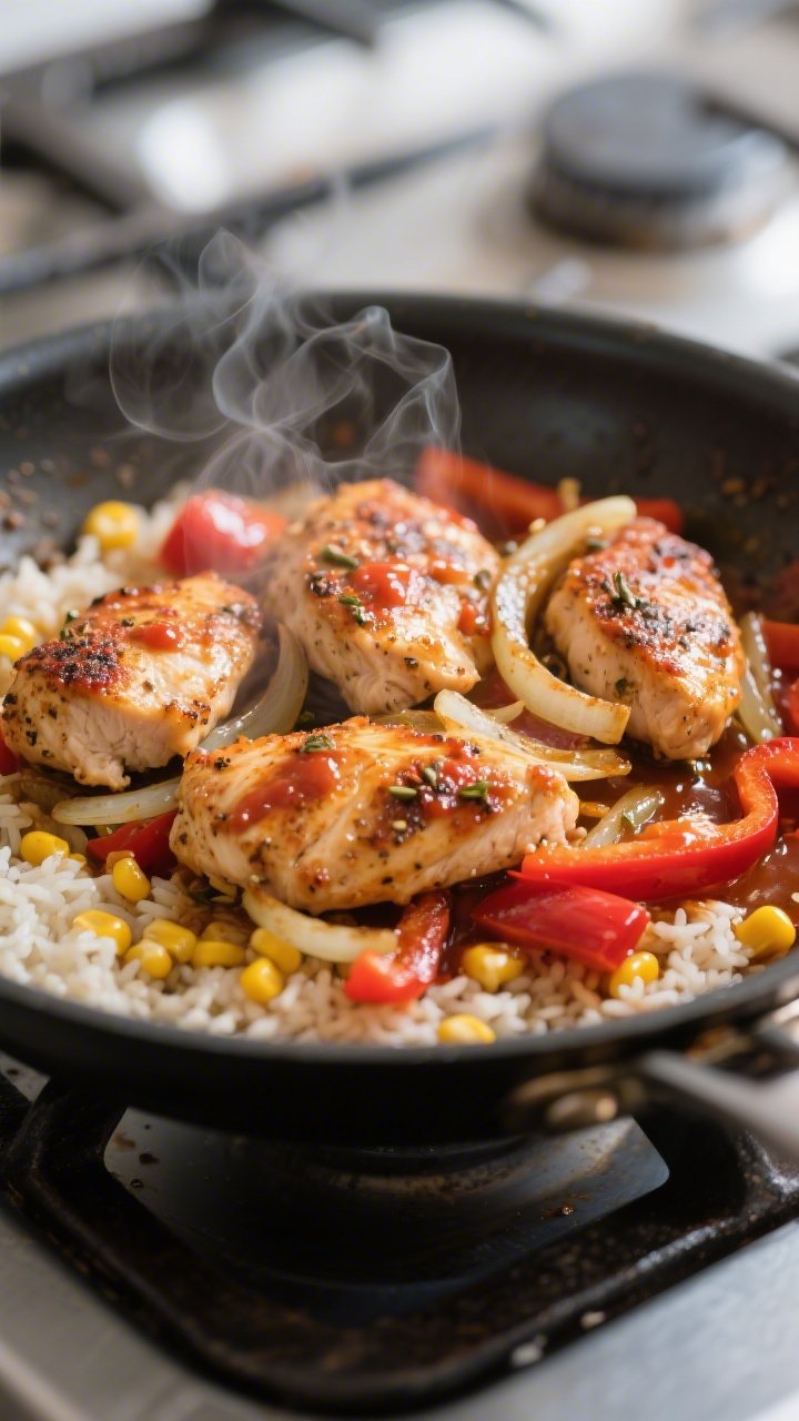 Cooking process, close-up detail: Close-up of lightly browned taco-seasoned chicken pieces nestled w