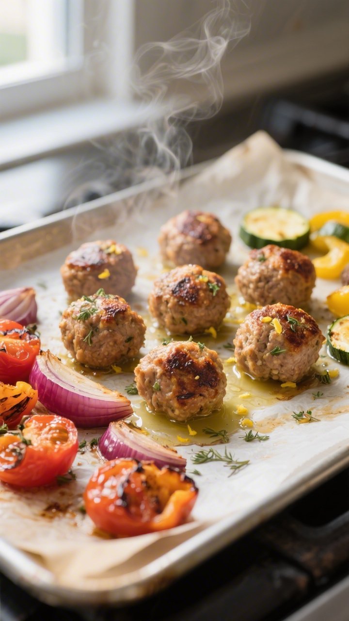 Cooking process, close-up detail: Golden-browning Greek meatballs on a parchment-lined sheet pan at