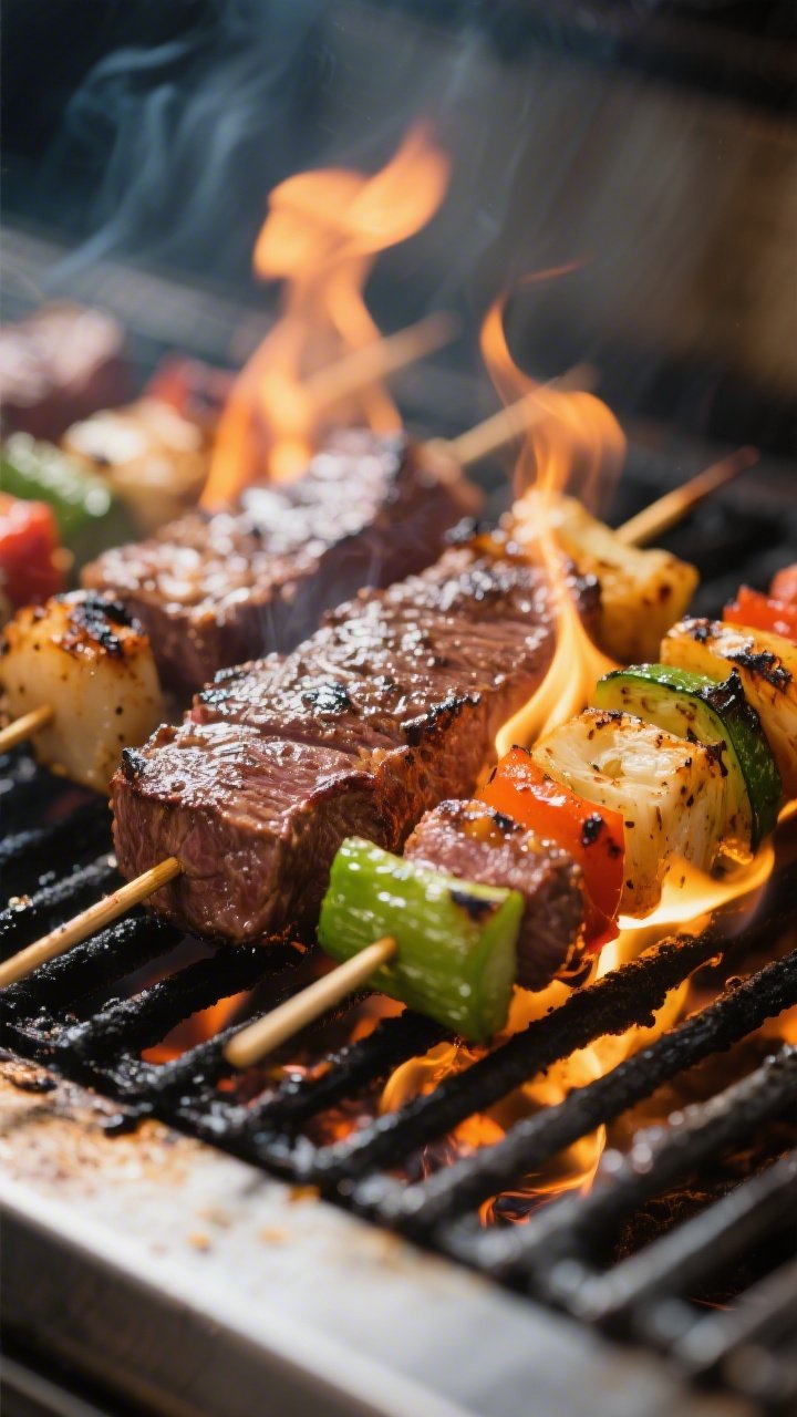 Cooking process, close-up detail: Sizzling steak and veggie skewers on a hot grill at medium-high he