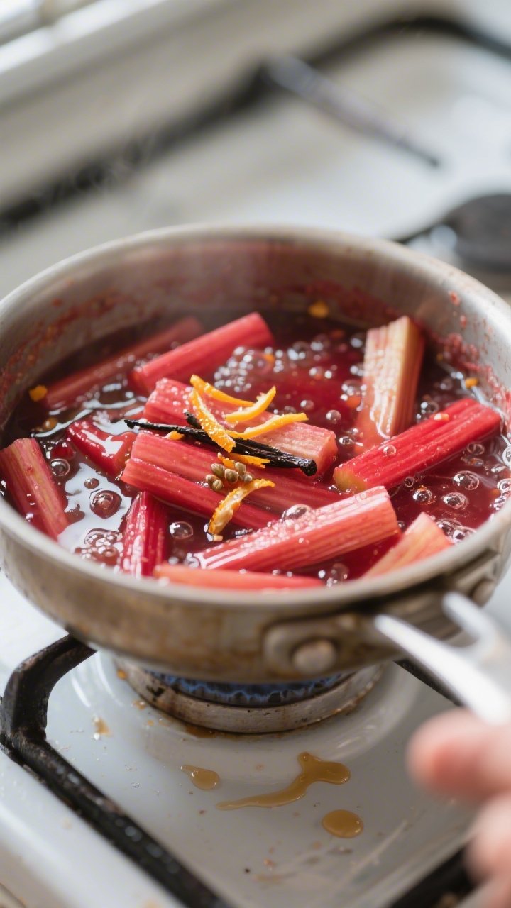 Cooking process, close-up detail: Stewed rhubarb compote simmering in a small saucepan, ruby-red sta