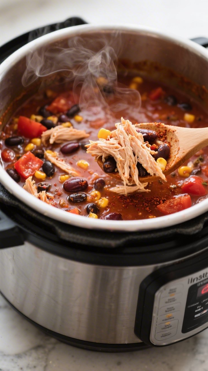 Cooking process, close-up: Instant Pot salsa chicken chili just after pressure release, steam curlin
