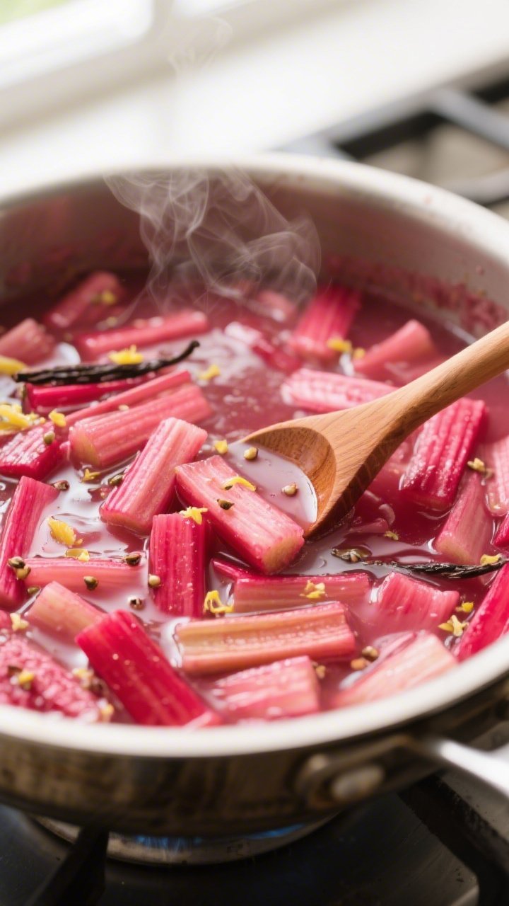 Cooking process close-up: Rhubarb compote simmering in a medium saucepan, glossy and thickened with 