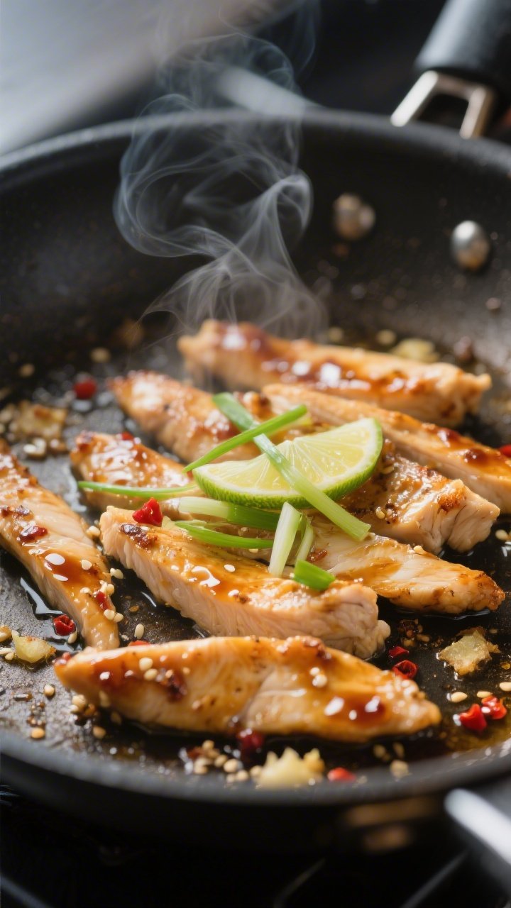 Cooking process close-up: Sautéed chicken strips in a skillet, lightly browned with glossy glaze fr