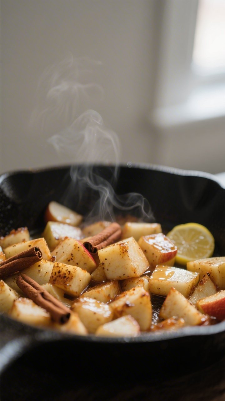 Cooking process close-up: Sautéed cinnamon apples just cooked in a matte black skillet, diced Honey
