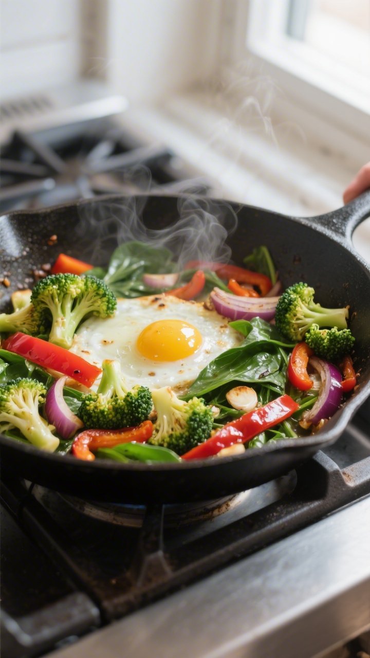 Cooking process close-up: Sautéed veggie medley for the egg bake in a large skillet — tender-cris