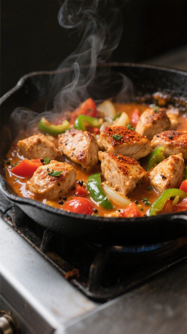 Cooking process, close-up: Sizzling chicken queso skillet mid-cook in a matte black pan on the stove