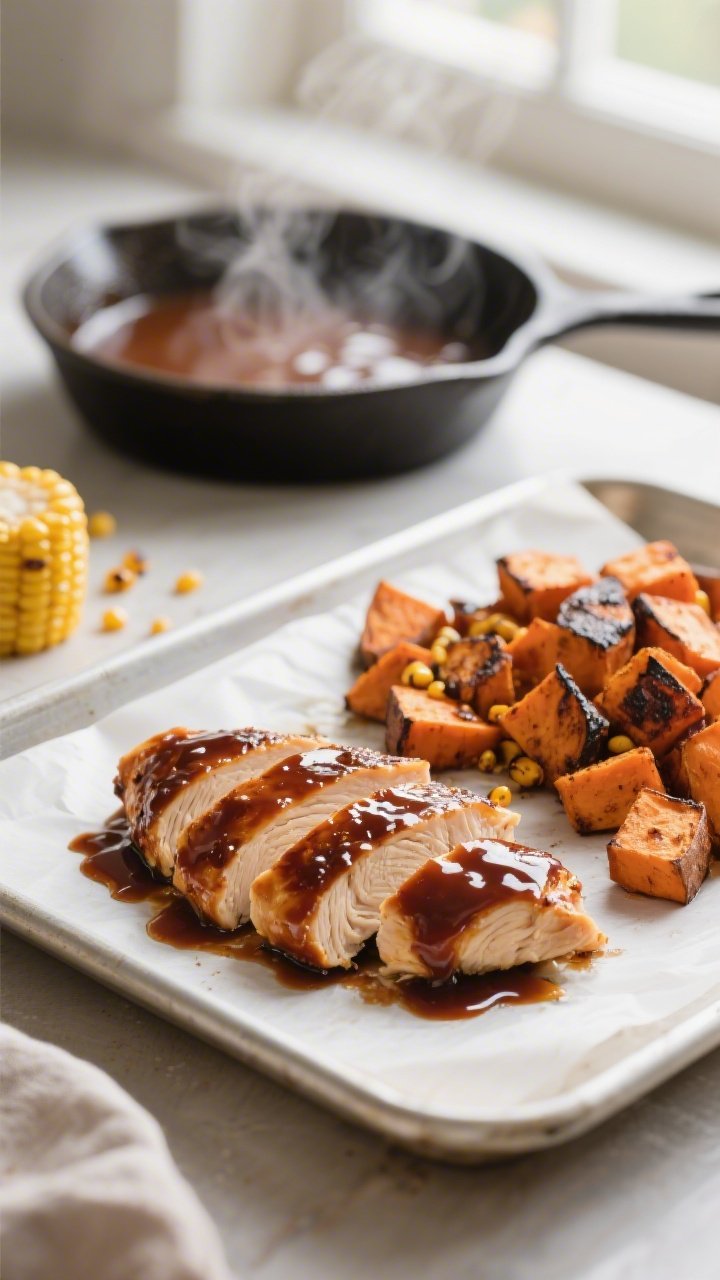 Cooking process close-up: Sliced BBQ-glazed chicken breasts just brushed with sauce, resting on a pa