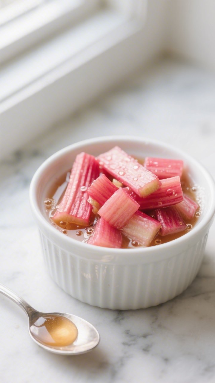 Cooking process close-up: Stewed rhubarb for the smoothie bowl cooling in a shallow white ramekin, s
