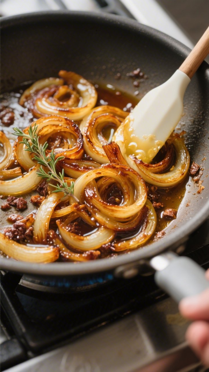 Cooking process: Golden, jammy caramelized onions finishing in a skillet; deep amber strands glossy