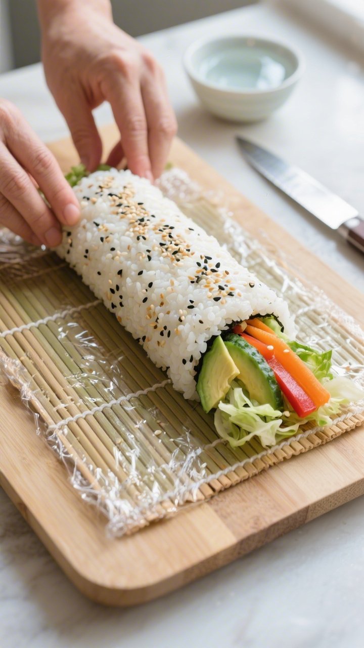 Cooking process: Inside-out (uramaki) roll being formed on a bamboo mat wrapped in plastic, rice on 